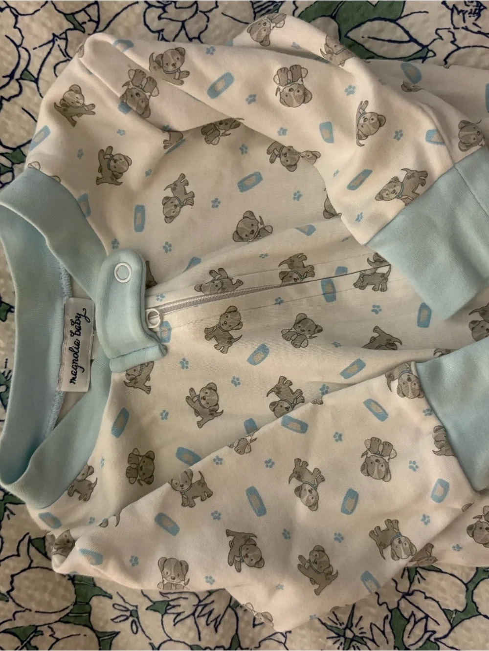 Magnolia Baby White Sleep Zip Romper with Light Blue Trim puppy 6 months